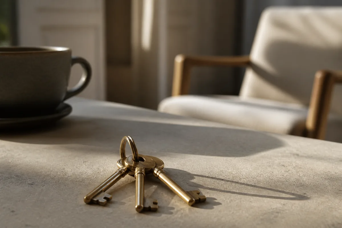 Trousseau de clés posé sur une surface unie près d’une tasse, lumière rasante d’après-midi