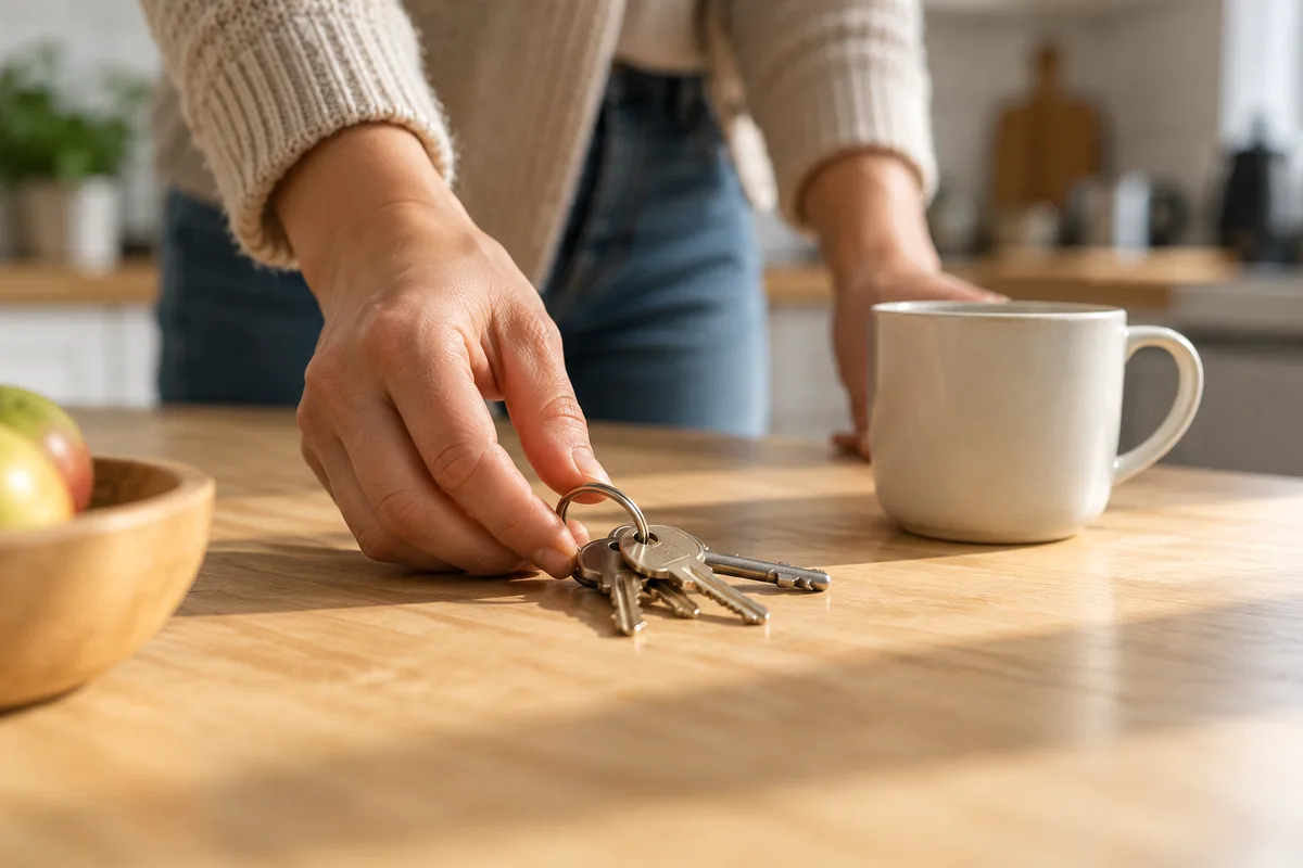 Mains posant un trousseau de clés sur une table de cuisine en bois, tasse à côté