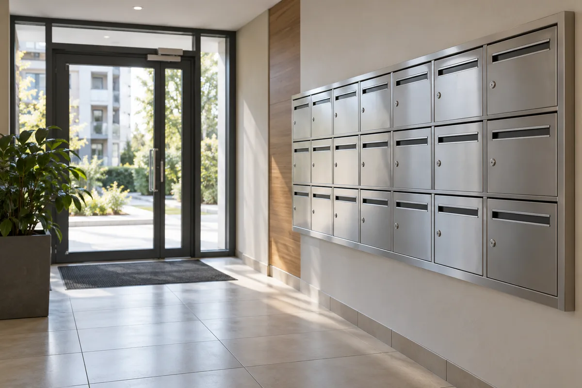Couloir d&rsquo;immeuble résidentiel avec rangée de boîtes aux lettres métalliques