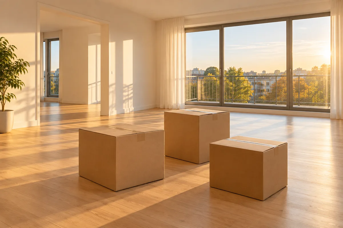 Salon lumineux vide avec cartons de déménagement fermés posés au sol