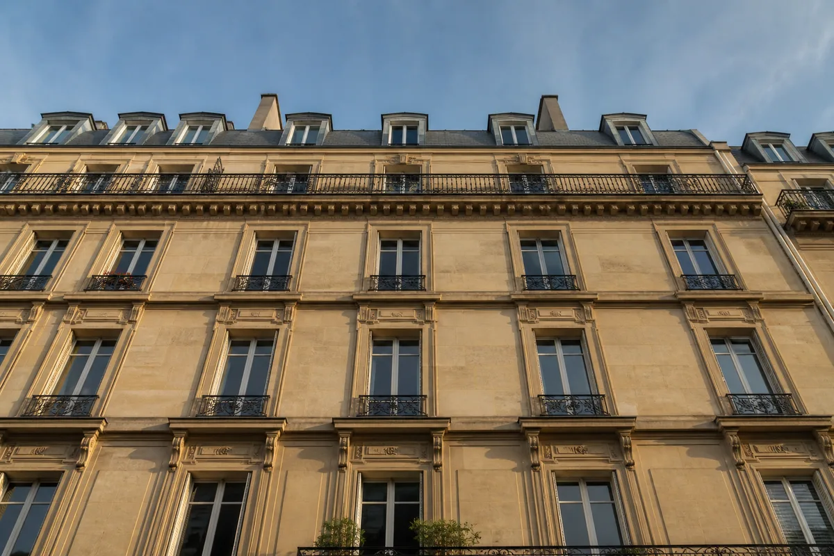 Façade haussmannienne en pierre de taille vue en contre-plongée