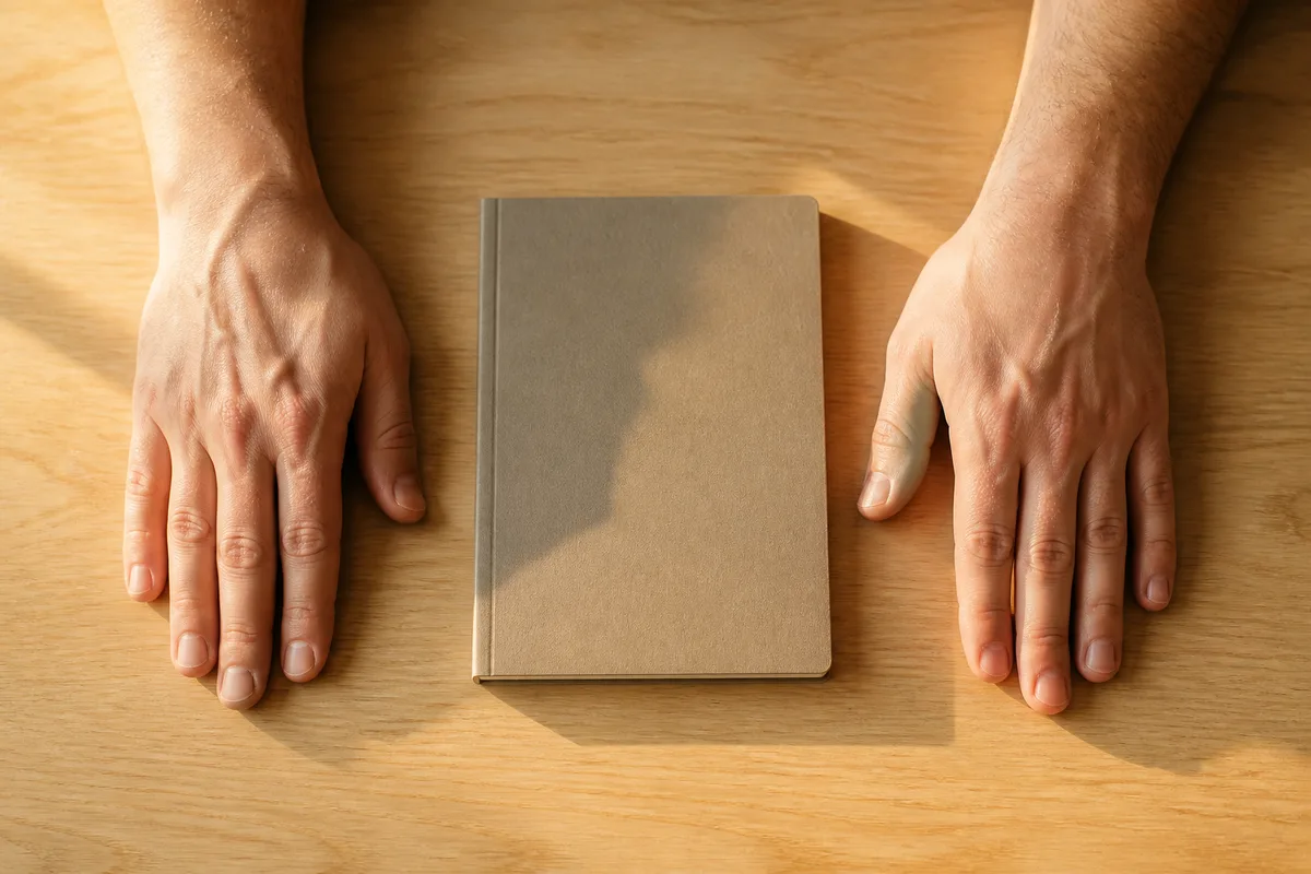 Mains posées sur un bureau en bois clair à côté d&rsquo;un carnet fermé