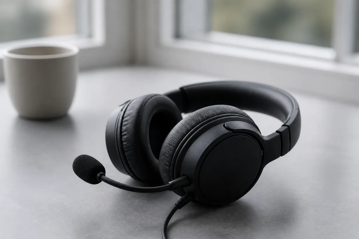 Casque téléphonique sombre posé sur un plan de travail gris près d&rsquo;une tasse