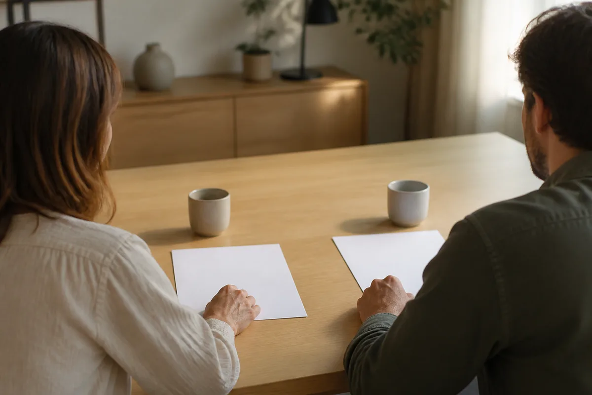 Deux personnes vues de trois quarts arrière à une table claire près de feuilles vierges