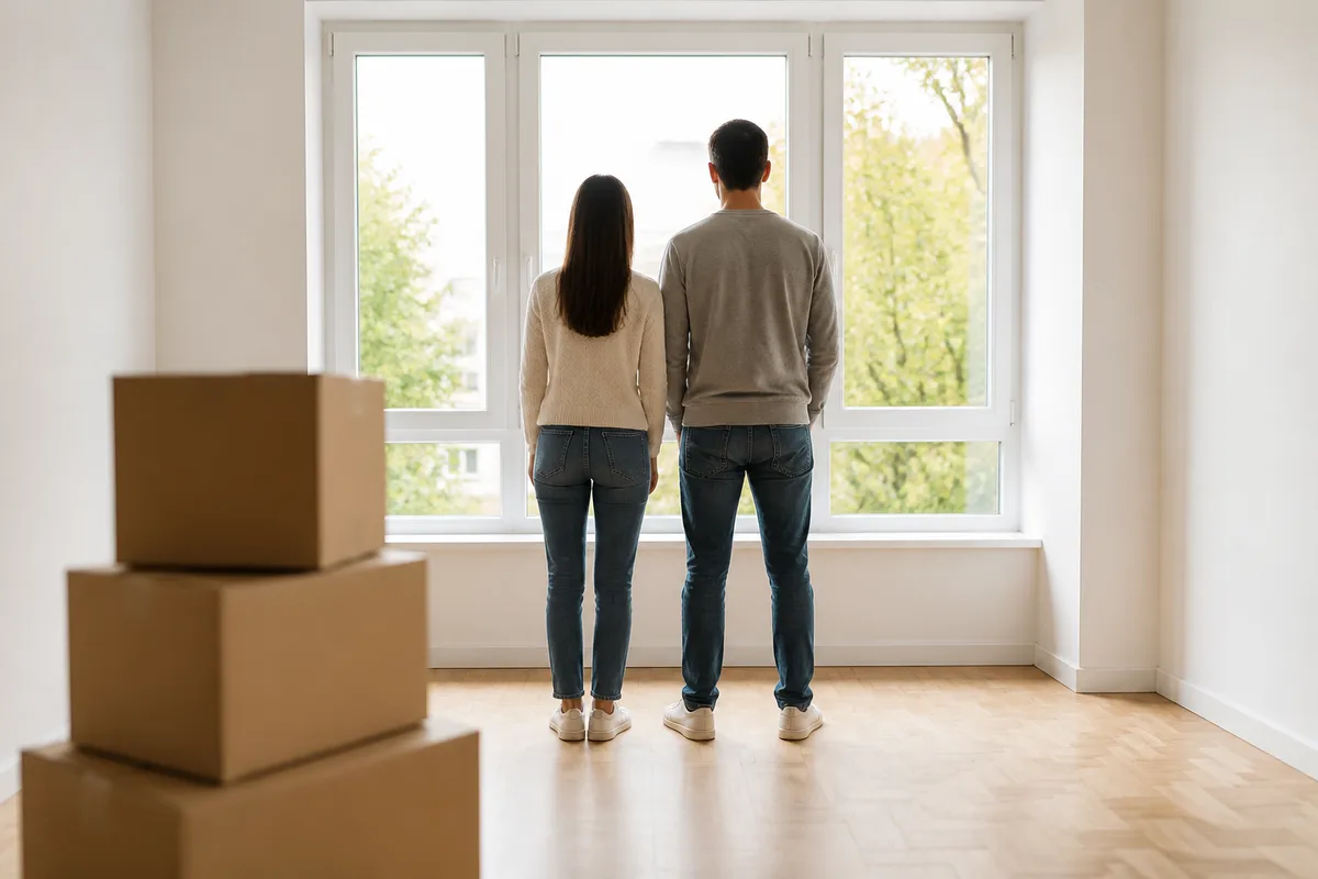 Couple vu de dos regardant la lumière du jour entrer par la fenêtre d&rsquo;une pièce vide, cartons bruns au premier plan