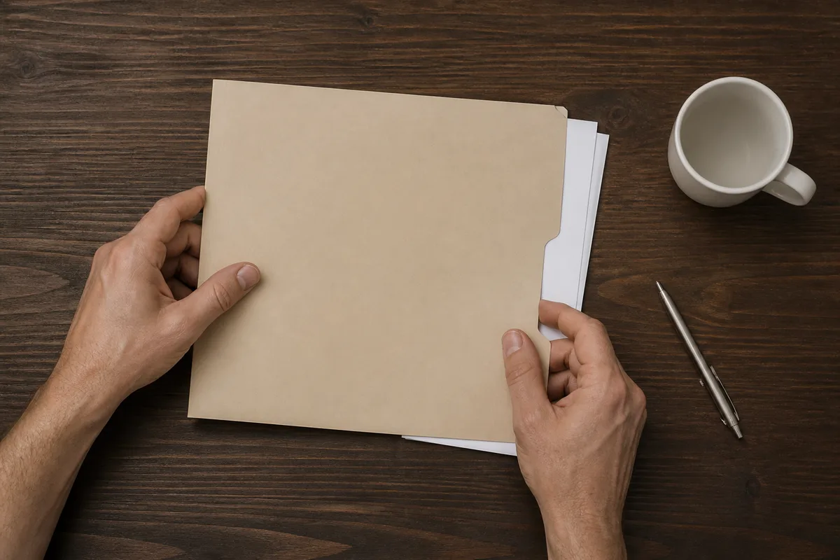 Mains d&rsquo;adulte refermant une pochette cartonnée beige unie sur une table de réunion, feuilles vierges et stylo métallique