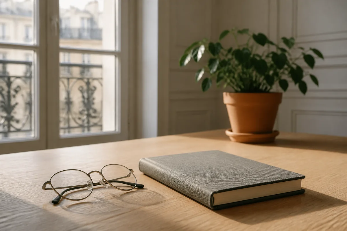 Carnet fermé et lunettes posés sur un bureau près d&rsquo;une fenêtre