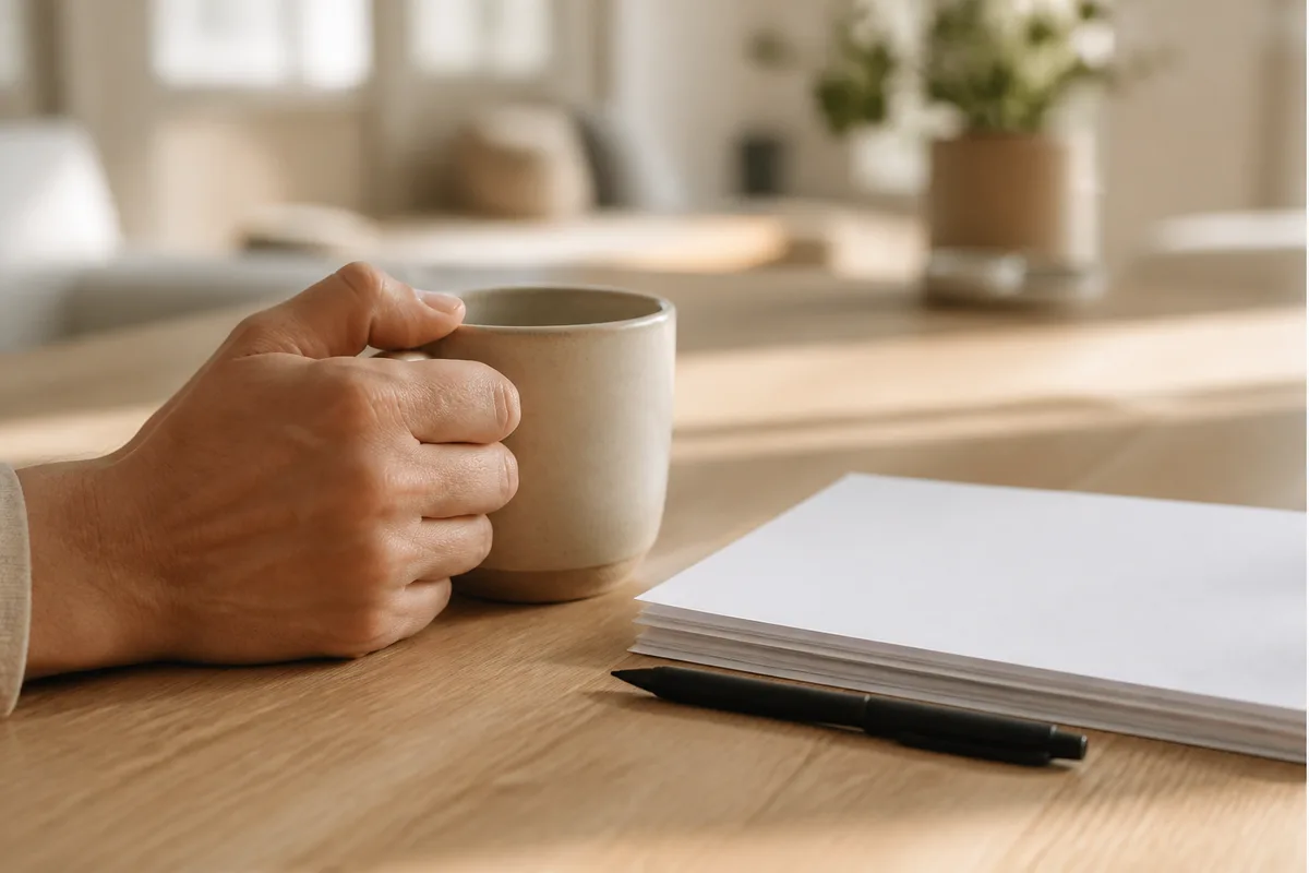 Main tenant une tasse de café à côté de feuilles vierges