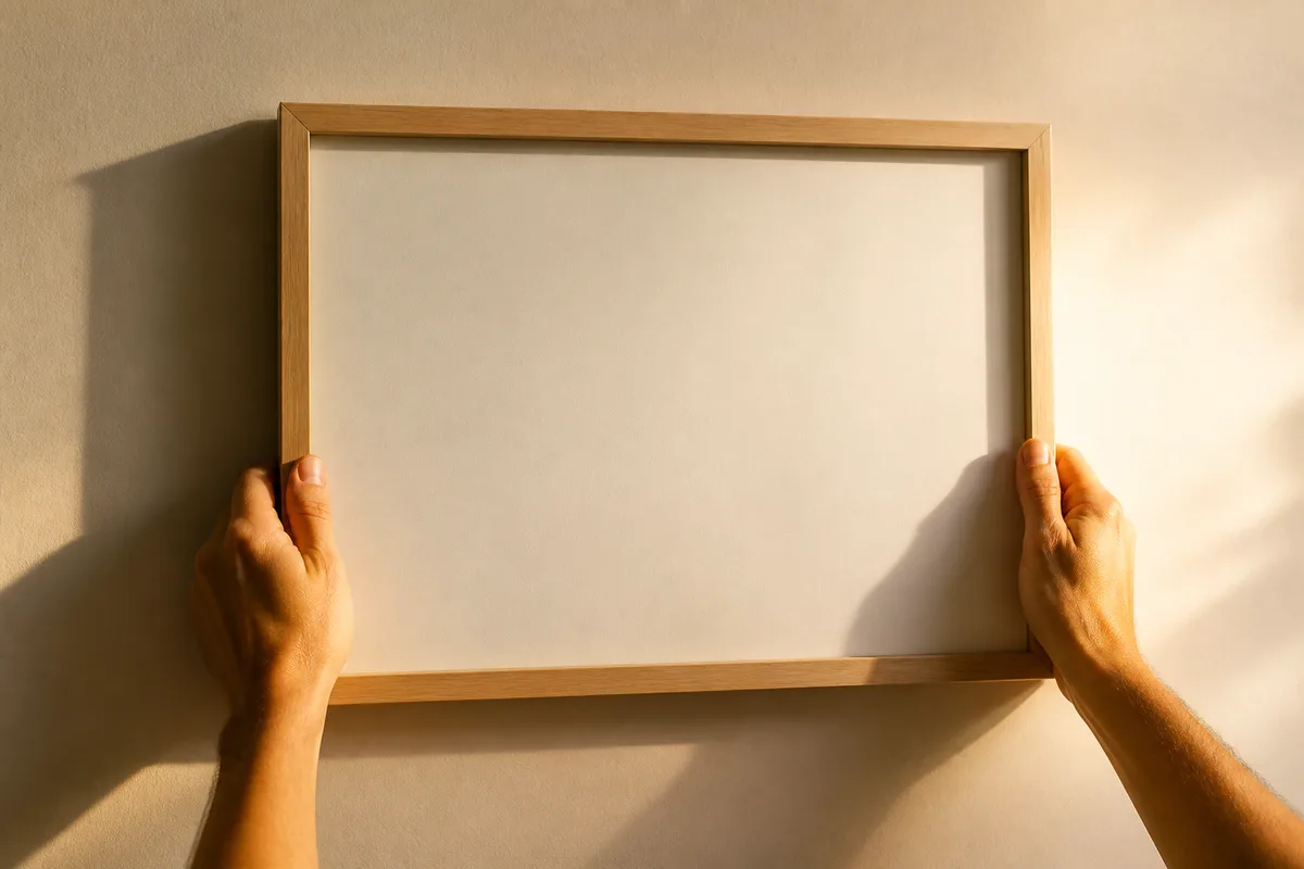 Mains posant un tirage encadré contre un mur clair, lumière rasante de fin de journée