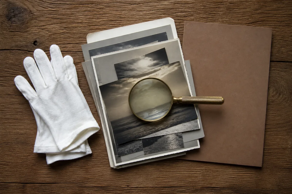 Vue en plongée d&rsquo;une table en bois brut avec des tirages photographiques empilés et une loupe métallique