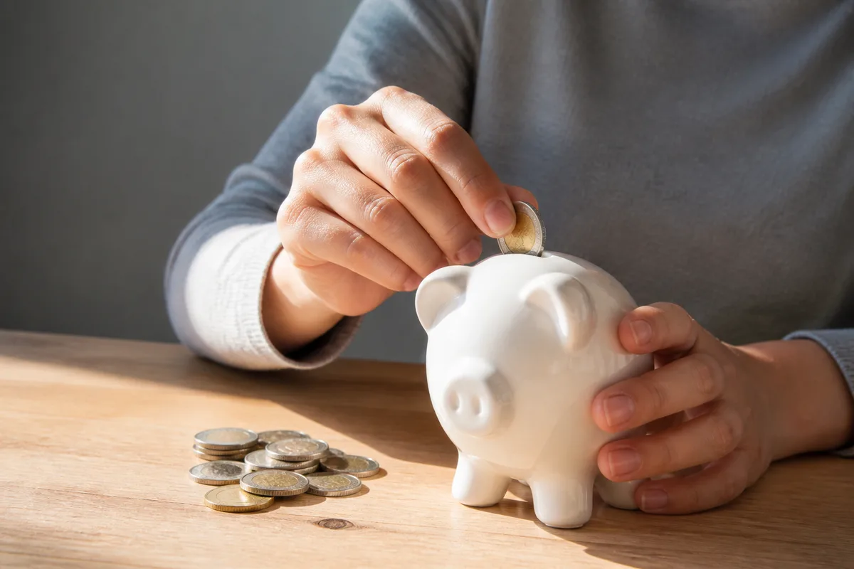 Mains d&rsquo;un jeune adulte glissant des pièces de monnaie dans une tirelire en céramique blanche unie sur un bureau en bois clair