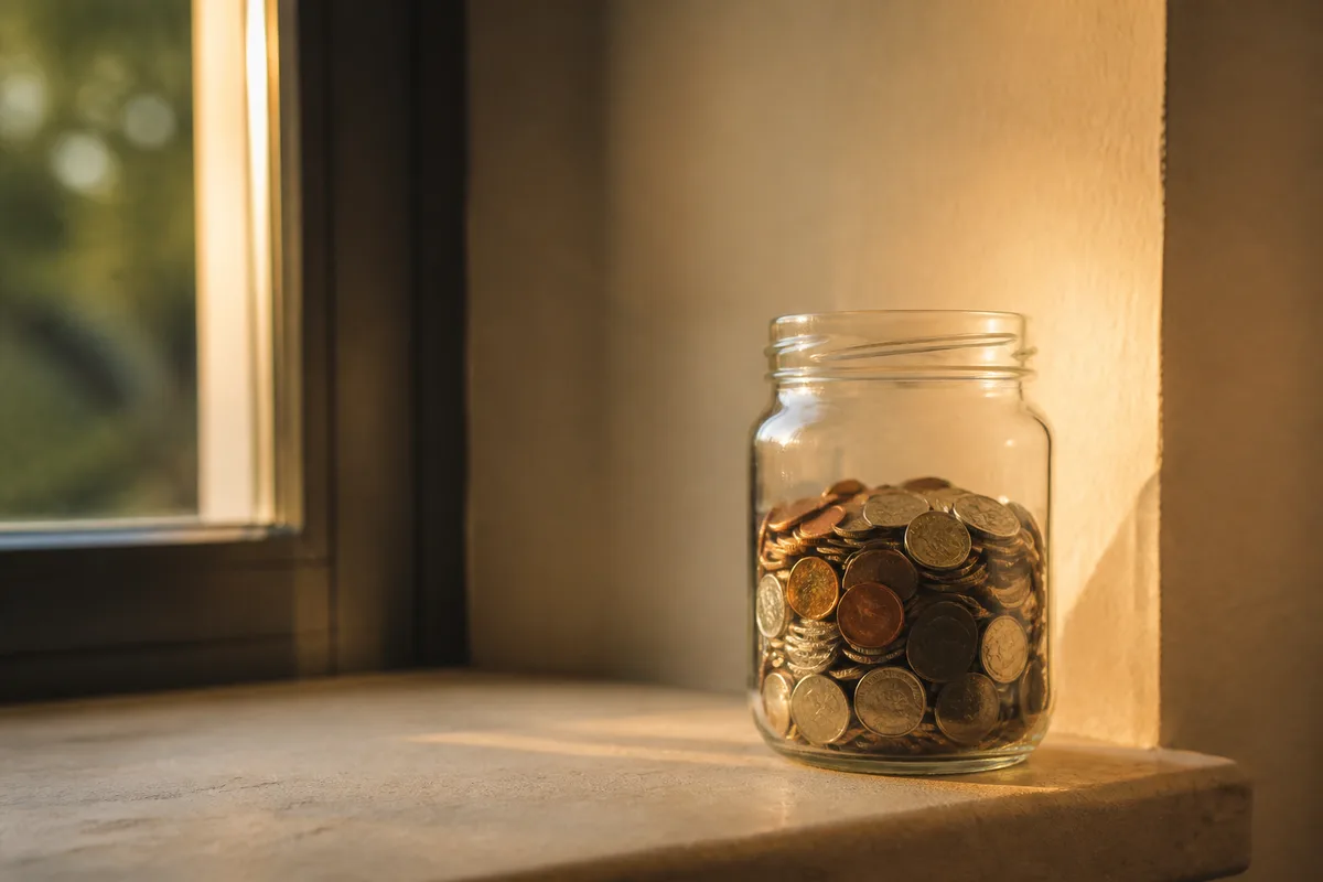 Bocal en verre lisse rempli de pièces de monnaie posé sur un rebord de fenêtre, lumière rasante de fin d&rsquo;après-midi et mur beige uni