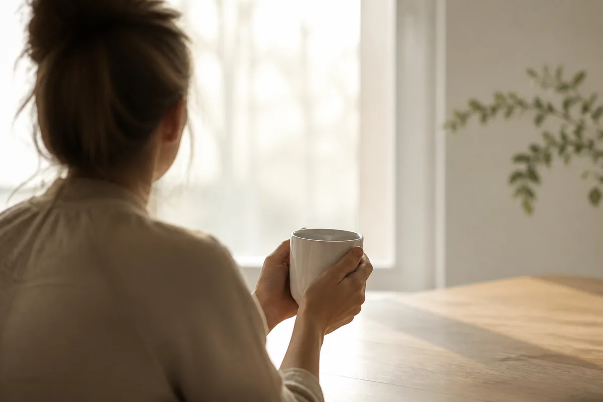 Jeune femme cadrée de dos devant une fenêtre, mains refermées sur une tasse en céramique blanche unie, table en bois clair et lumière du matin