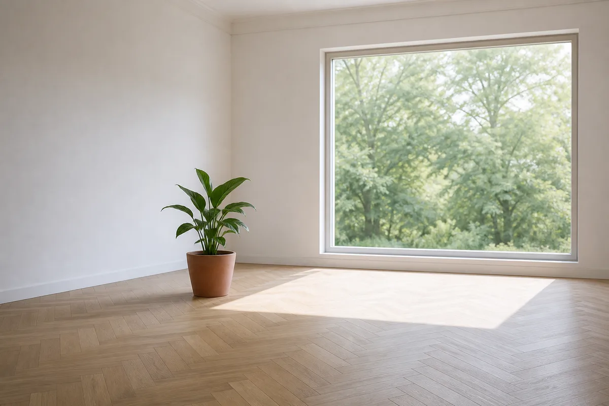 Séjour vide et lumineux avec une plante en pot posée près d’une baie vitrée