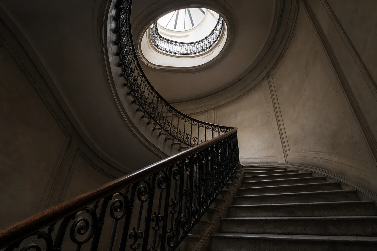 Cage d’escalier ancienne avec rampe en fer forgé et lumière traversante