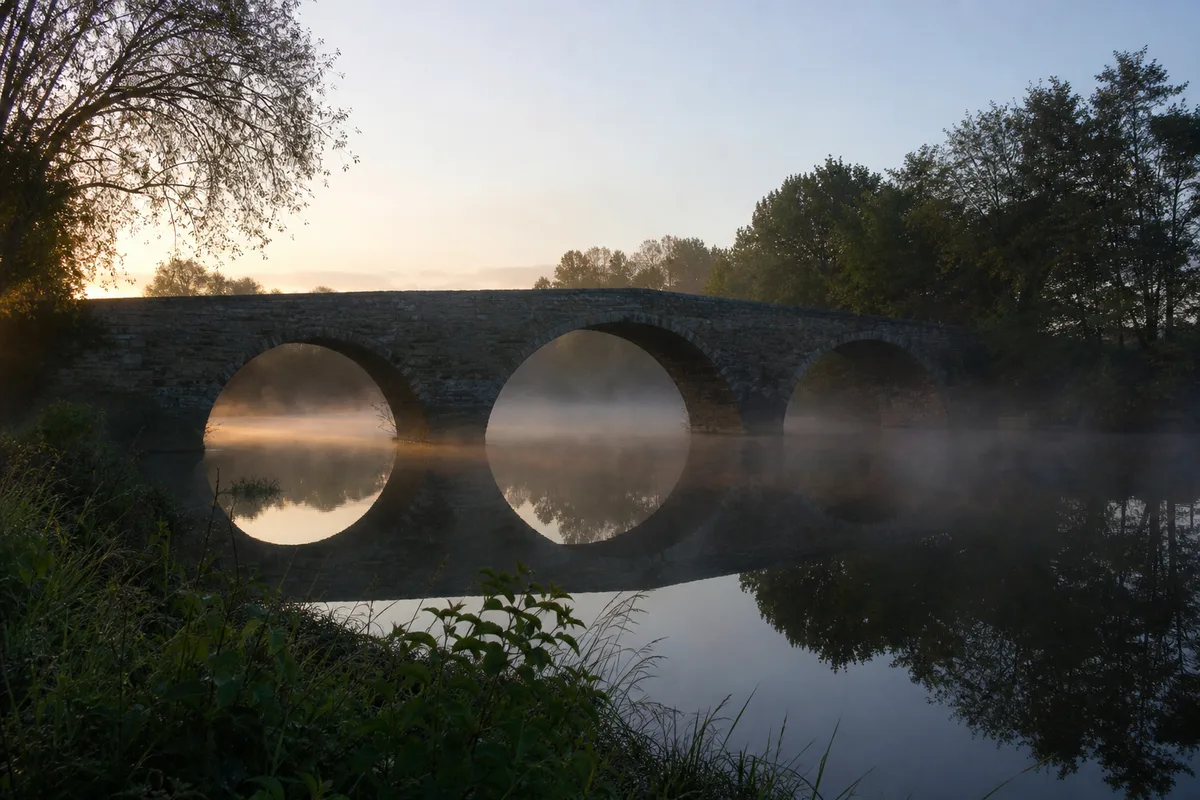 Pont de pierre enjambant une rivière au lever du jour dans la brume