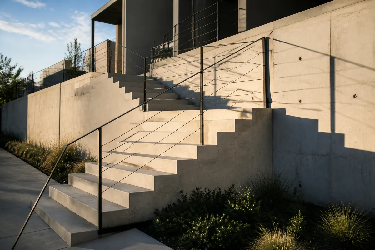 Escalier extérieur en béton clair bordé d’une rampe métallique dans un lotissement récent