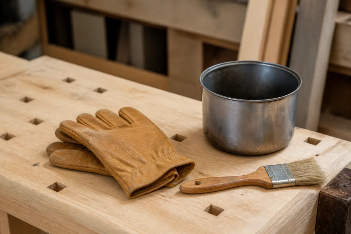 Établi d’atelier en bois clair avec une paire de gants de chantier et un pinceau posés à plat