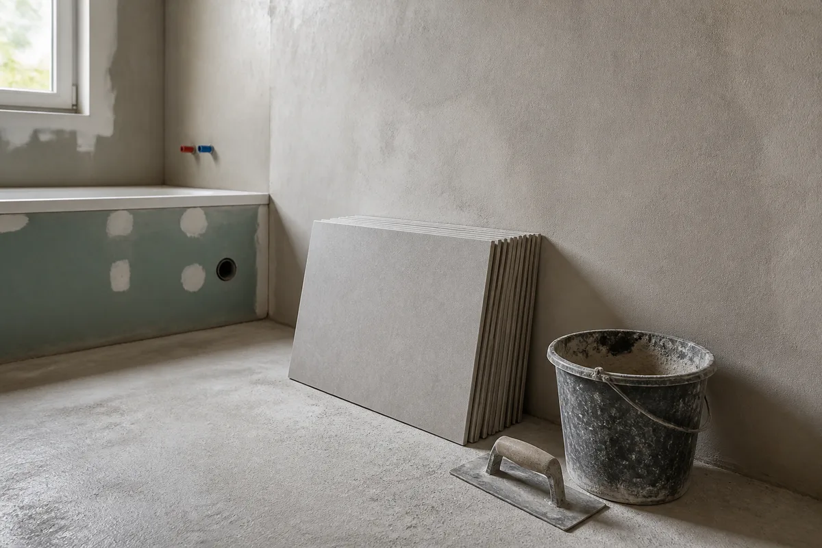 Carreaux grand format empilés au sol contre un mur clair fraîchement enduit dans une salle de bain en travaux