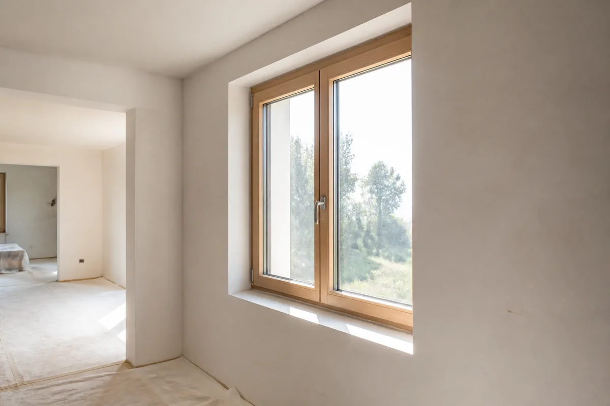 Fenêtre à cadre en bois clair récemment posée dans un mur enduit, lumière du matin traversant la vitre