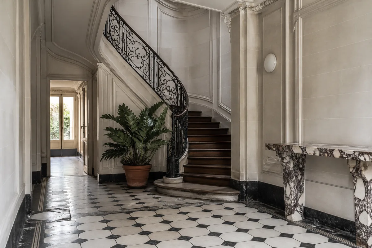 Hall d&rsquo;immeuble haussmannien en pierre claire avec escalier tournant à rampe en fer forgé