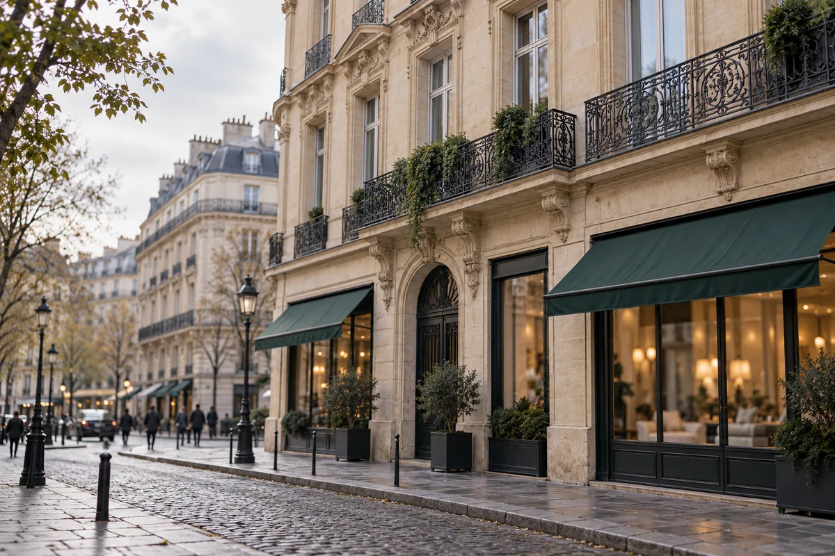 Immeuble haussmannien en pierre de taille et vitrines floues en rez-de-chaussée