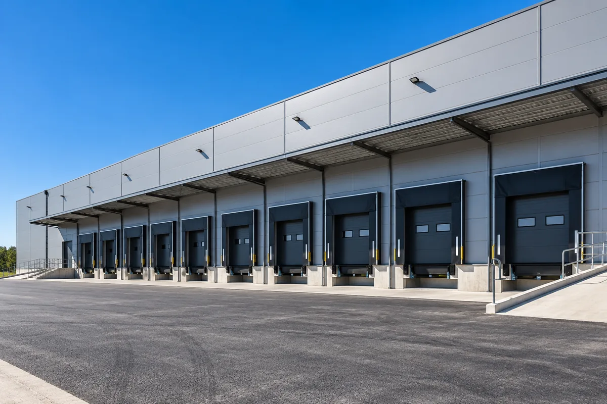 Entrepôt logistique moderne aux quais fermés sous un ciel dégagé