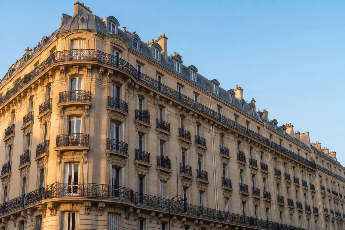 Façade d&rsquo;immeuble haussmannien en pierre de taille dans une rue déserte au petit matin