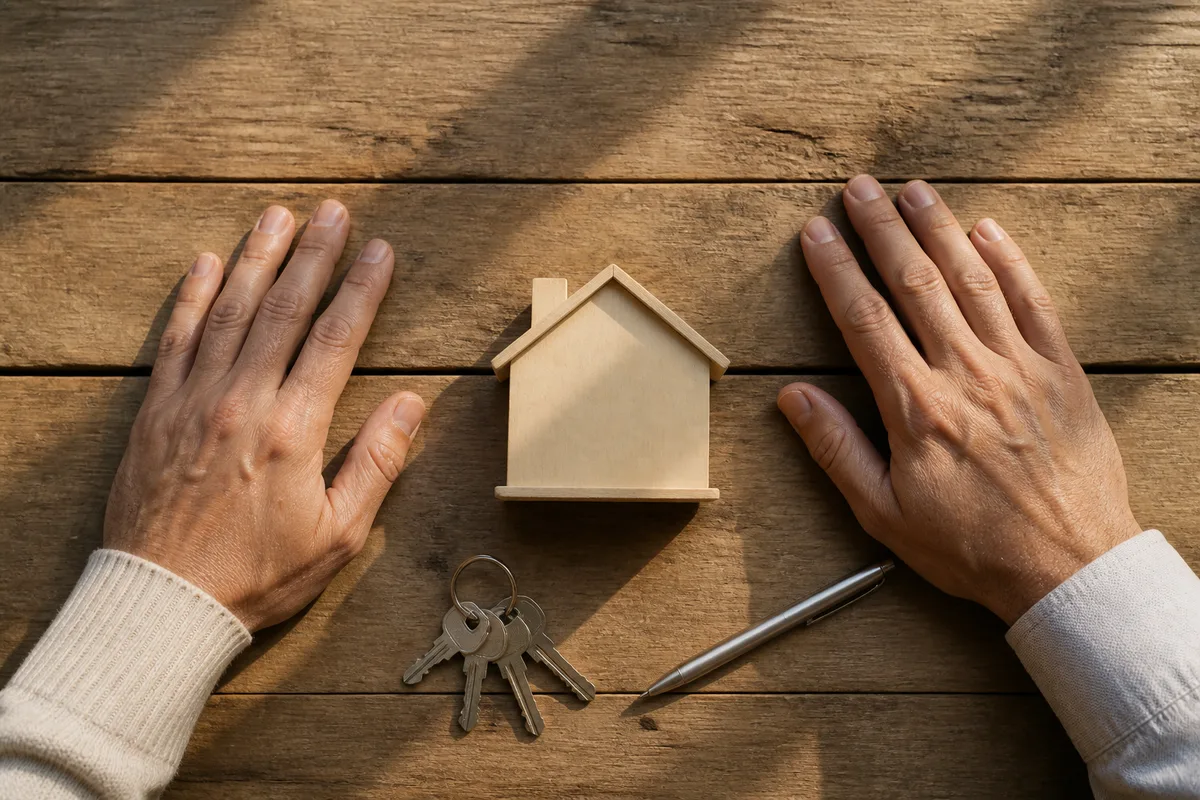Mains adultes posées sur une table en bois brut à côté d&rsquo;une maquette de maison en bois clair