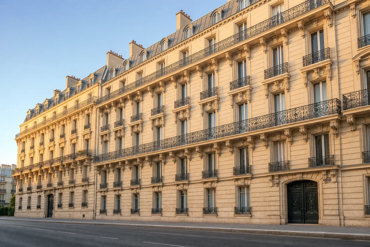 Façade d&rsquo;immeuble ancien en pierre de taille vue depuis une rue déserte au petit matin, balcons en fer forgé