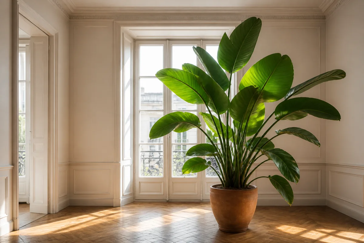 Plante verte en pot posée près d&rsquo;une grande fenêtre lumineuse dans un intérieur français aux murs clairs