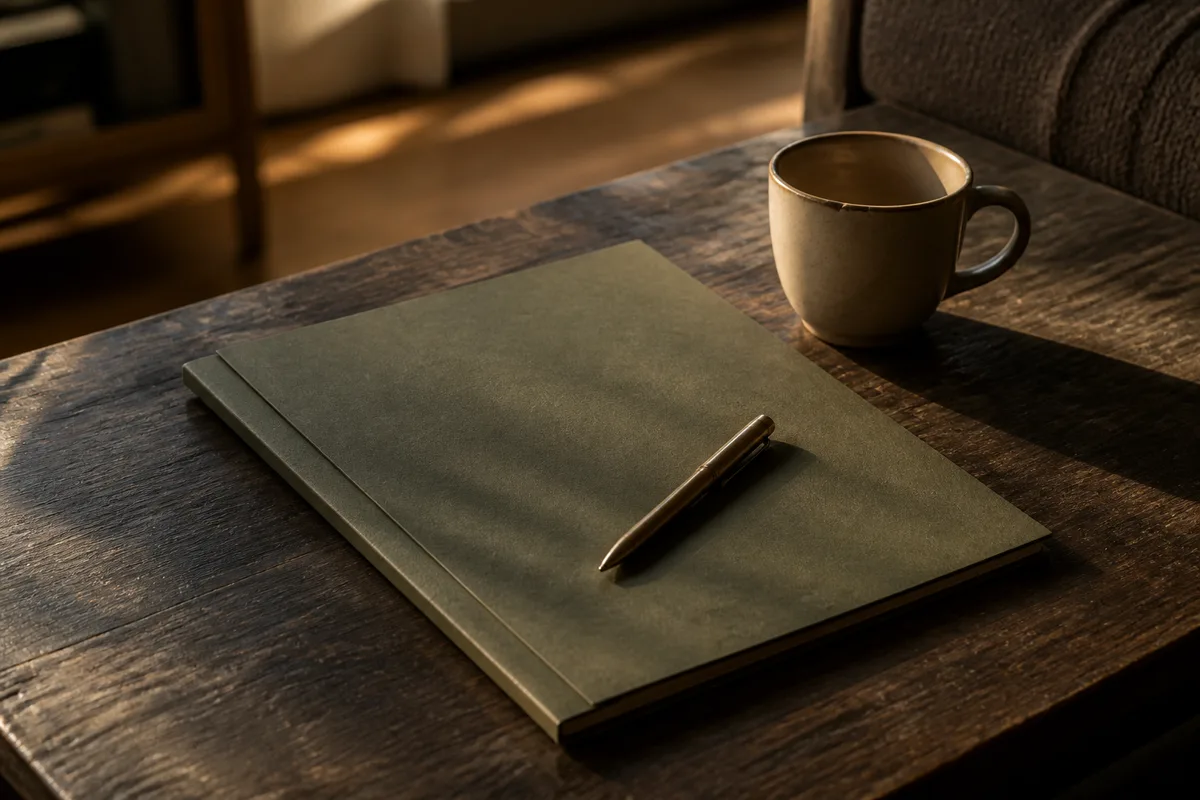 Stylo posé sur une chemise cartonnée fermée de couleur vert olive, à côté d&rsquo;une tasse de café sur une table de salon en bois
